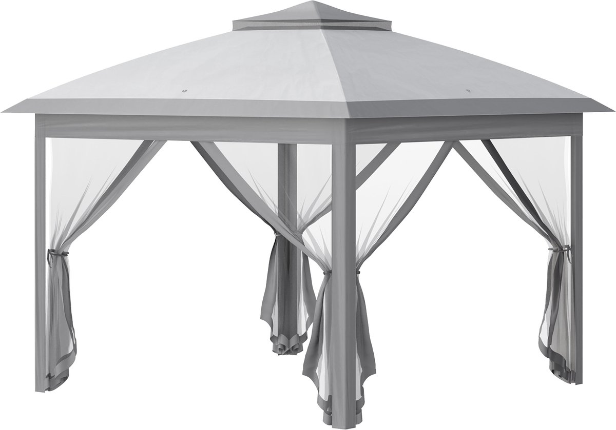 Opvouwbare Partytent 3,3 x 3,3 x 2,88 m – Pop-up Paviljoen met Gaas Zijwanden – In Hoogte Verstelbaar – Inclusief Draagtas – Grijs
