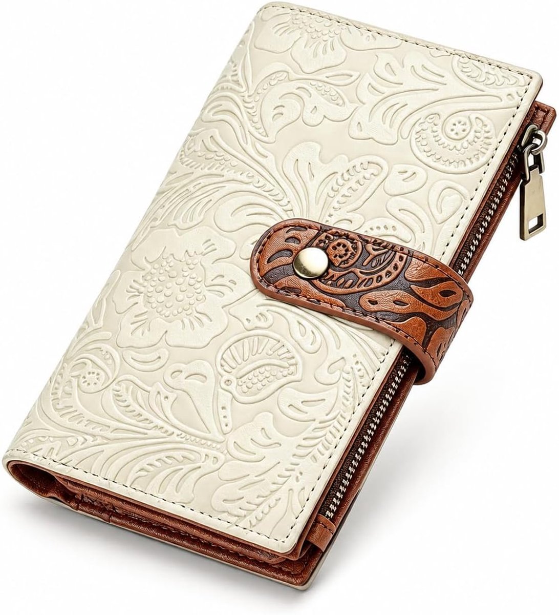 GOIACII Women's Leather Large Vintage Leather Wallet with RFID Protection 10 Card Slots and Coin Pocket, beige - ShopVlot