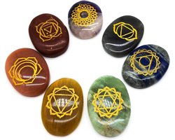 7 Chakra Gemstones Oval Set with Engraving (Each Stone Approx. 4 x 3 cm Large) – Energy Balance & Spiritual Harmony - ShopVlot