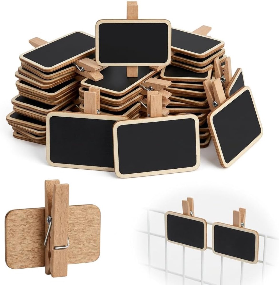 50 wasknijpers, mini-borden van hout, mini-borden om te beschrijven voor kaartbord, memo, etiketten, plaatsmarkering - ShopVlot