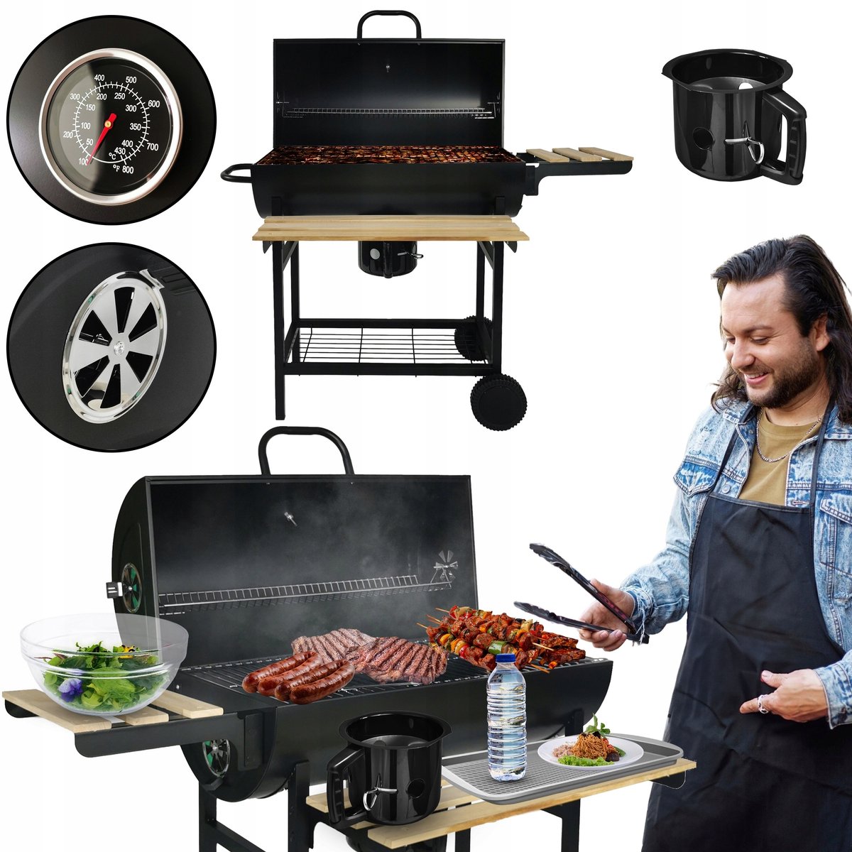 BBQ Grill met Wielen, Thermometer & Houtenkastjes - Ruim Grilloppervlak