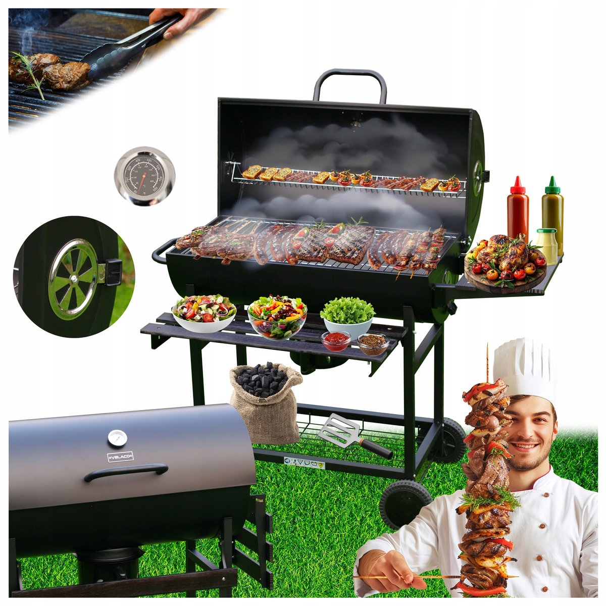 VELACO Koolgrill met Deksel, Wielen en Thermometer - Zwart
