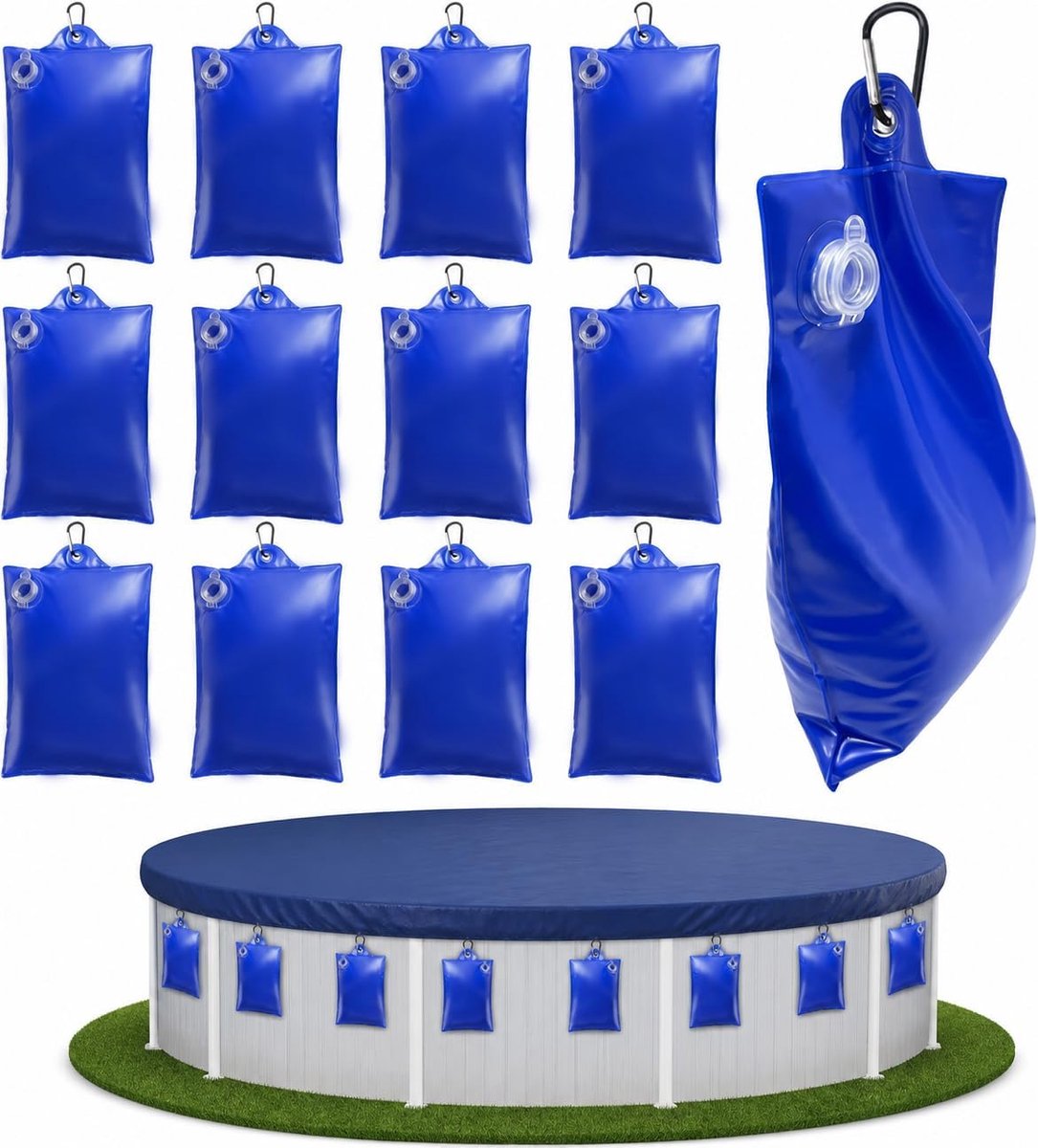 12 stuks zwembadafdekking, gewichten, waterzak, 35 x 24 cm, waterzak zwembad met haken, robuust zwembadafdekzeil - ShopVlot