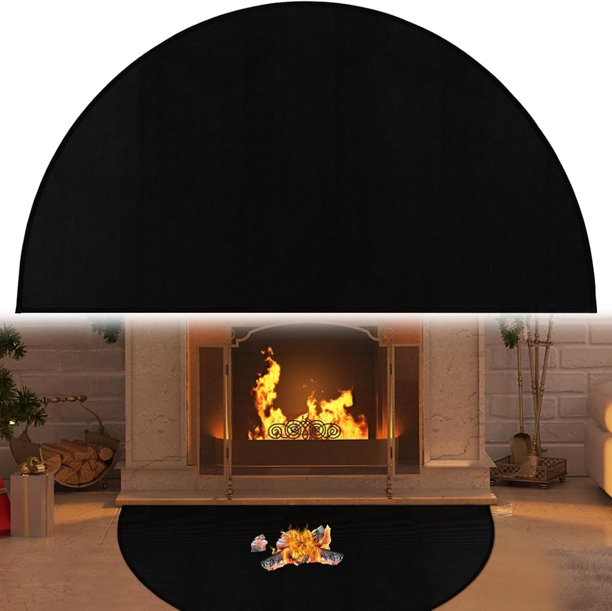 Zwarte Vuurplaatsmat 50x102 cm - Halvemaanvormige Brandwerende Haardmat - Vlamvertragende Vloerbescherming voor Open Haard en Vuurkuil