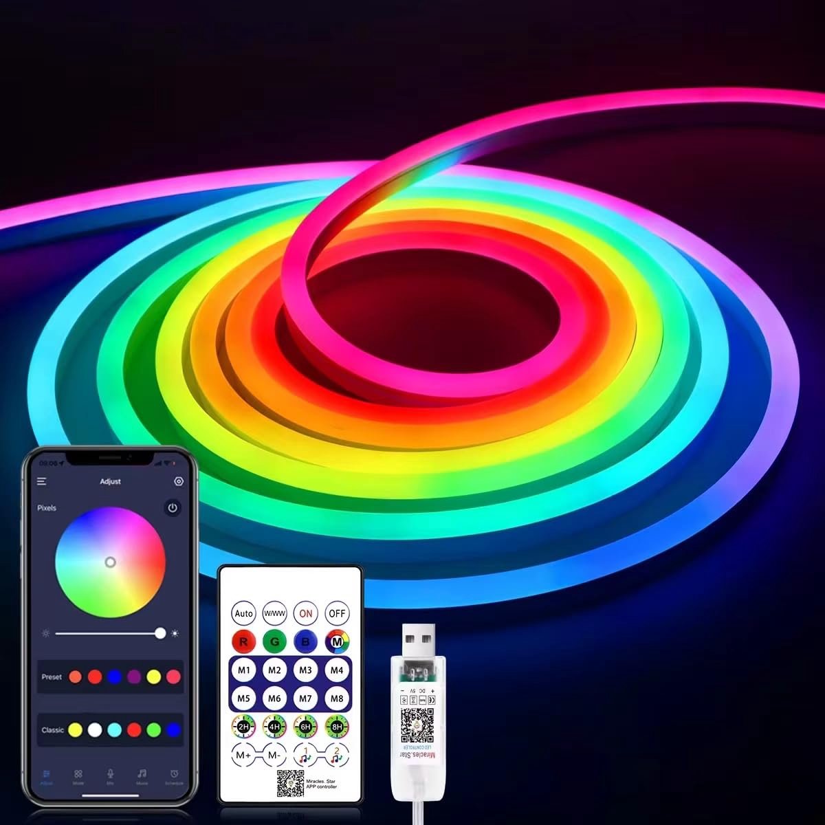 LRGBST 5V USB RGBIC Neon LED Strip, 1M RGB LED Neon Light Band met Bluetooth App en afstandsbediening voor Kamer Neon - ShopVlot