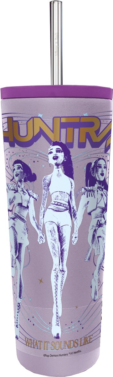 Netflix' KPOP Demon Hunters Huntrix RVS Tumbler - 770 ml - Met RVS rietje - Dubbelwandig en isolerend - Geschikt voor warme en koude dranken - Paars