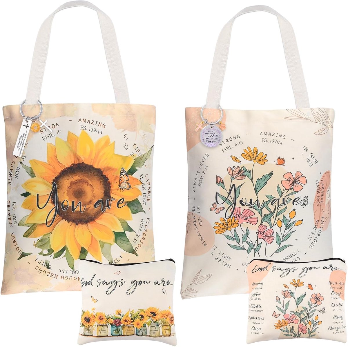 Canvas draagtas, 2 set religieuze zonnebloem en boho bloem tas met make-up tas sleutelhangers voor vrouwen winkelen - ShopVlot