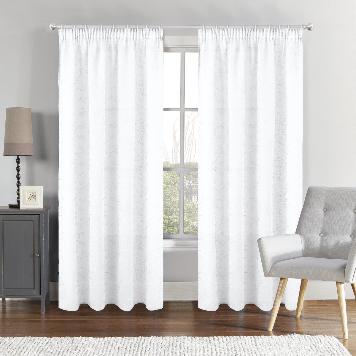 SB Line Vitrage Gordijn – 140x260 cm – Met Plooiband – Wit met geborduurd bloemmotief