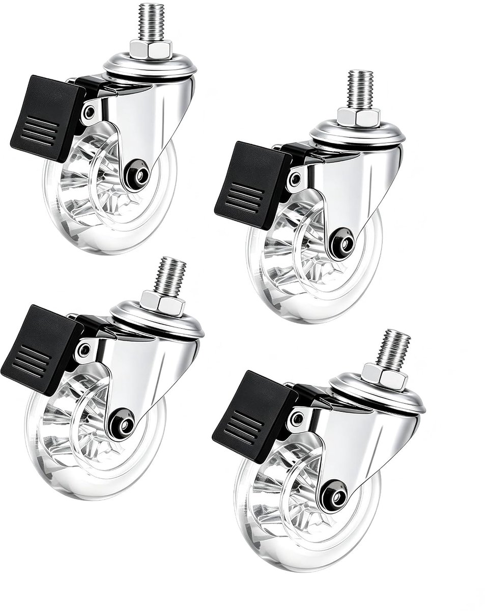 Transparante meubelwielen 4 stuks, 50 mm, M8 x 15 mm, met rem - ShopVlot