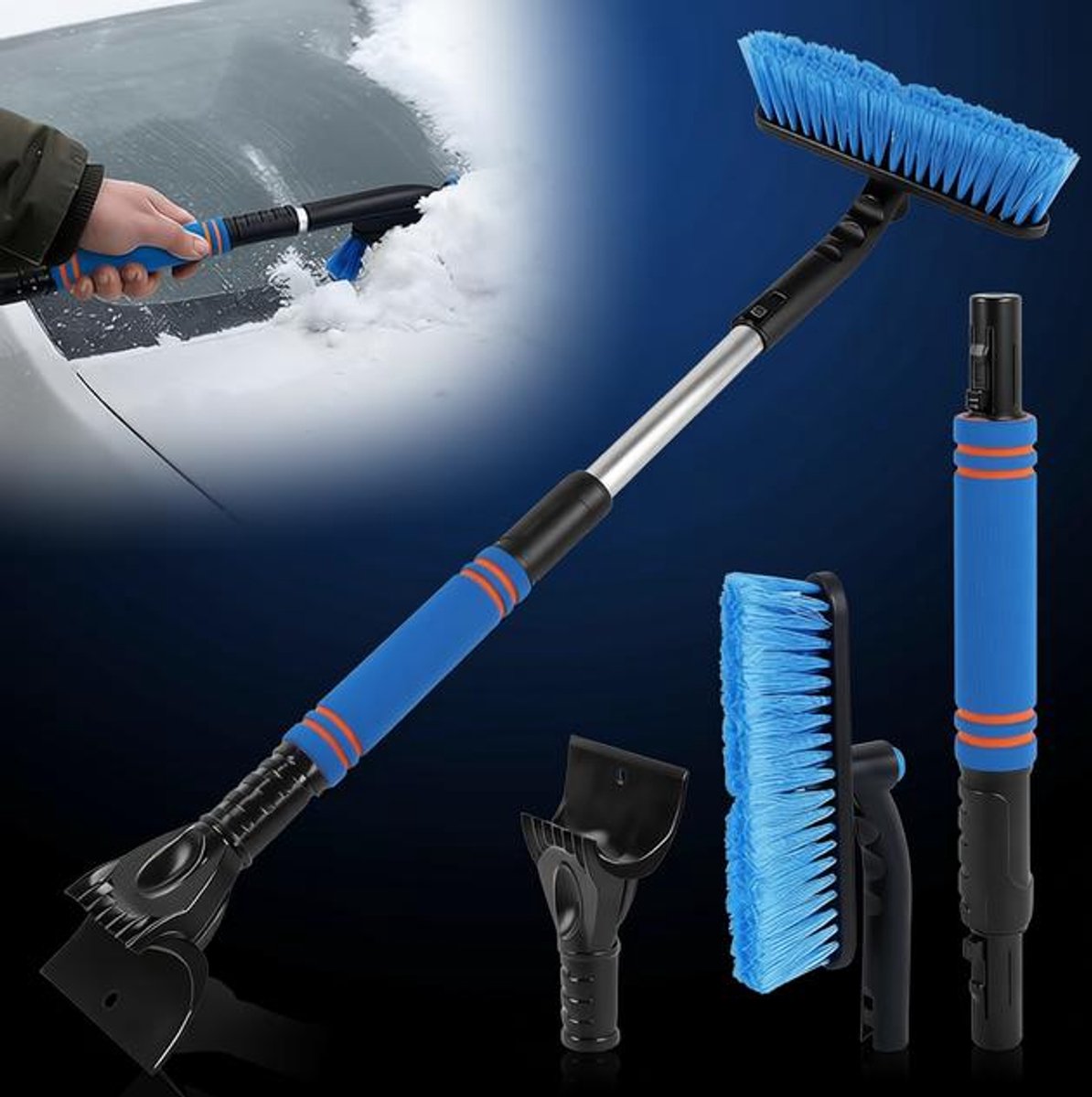 2-in-1 ijskrabber met afneembare borstel voor auto's, vrachtwagens en SUV's - uitschuifbare steel 64-80 cm, 360° draaibare kop, blauw