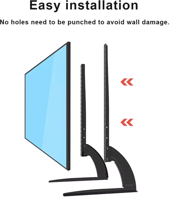 Een tv-standaard met twee zwarte metalen poten, naast een tv-scherm.