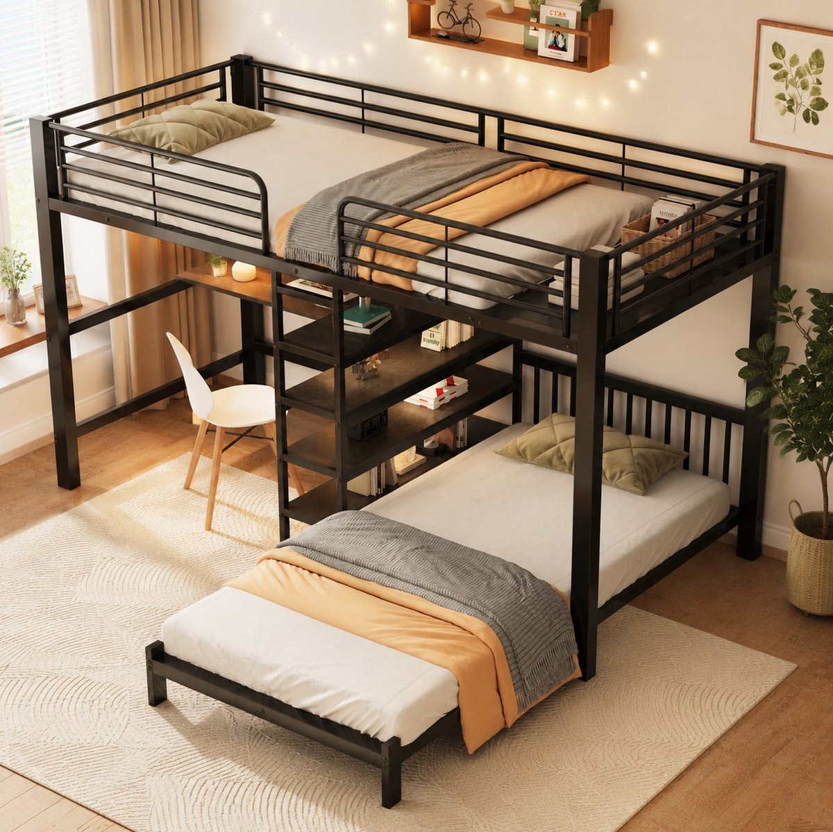OKWISH Hooglaagbed 90 x 200 cm - Bed Met Bureau, Usb En Type C Aansluiting, Opbergruimte En Planken - Voor Kinderen - Metaal En MDF - Zwart - Zonder Matras
