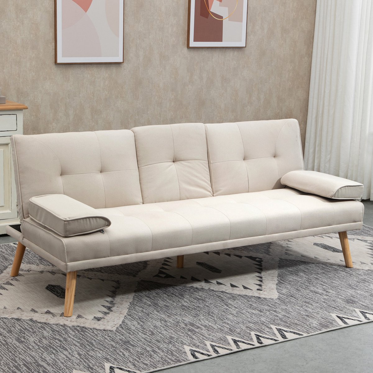 DESMIU Slaapbank 3-Zits 181 Cm - Uitklapbaar Bed Met Verstelbare Rugleuning In 3 Posities - Voor Woonkamer - Polyester Beige