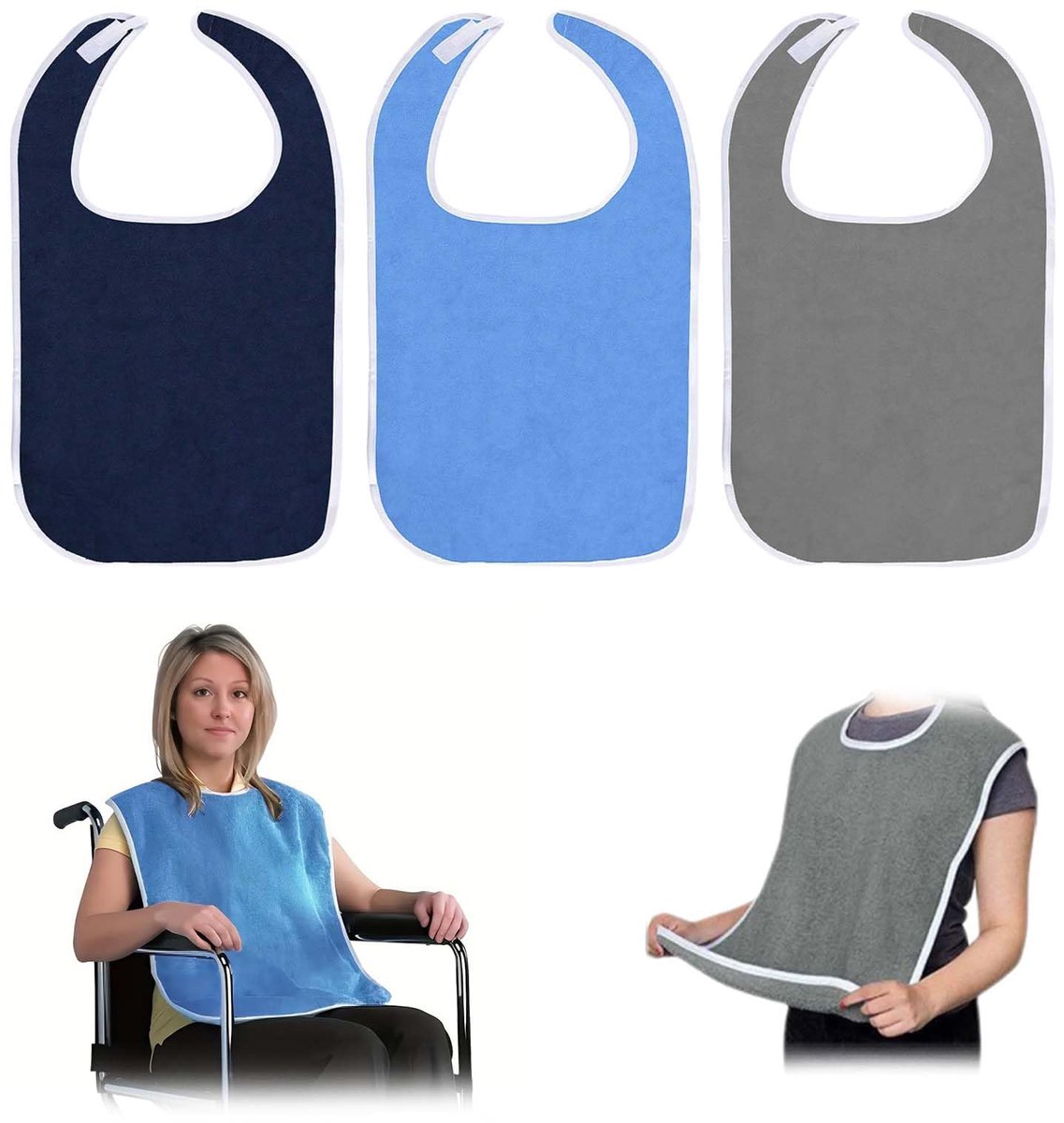 ZHYUAN 3 stuks Slabbetjes Voor Volwassenen, Waterdichte Badstof Eetschort, Herbruikbaar Slabbetje Voor Ouderen - ShopVlot