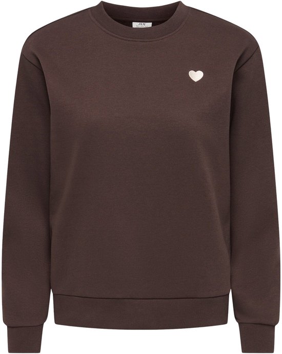 Bruine sweater met witte hart-applicatie op de linkerborst.