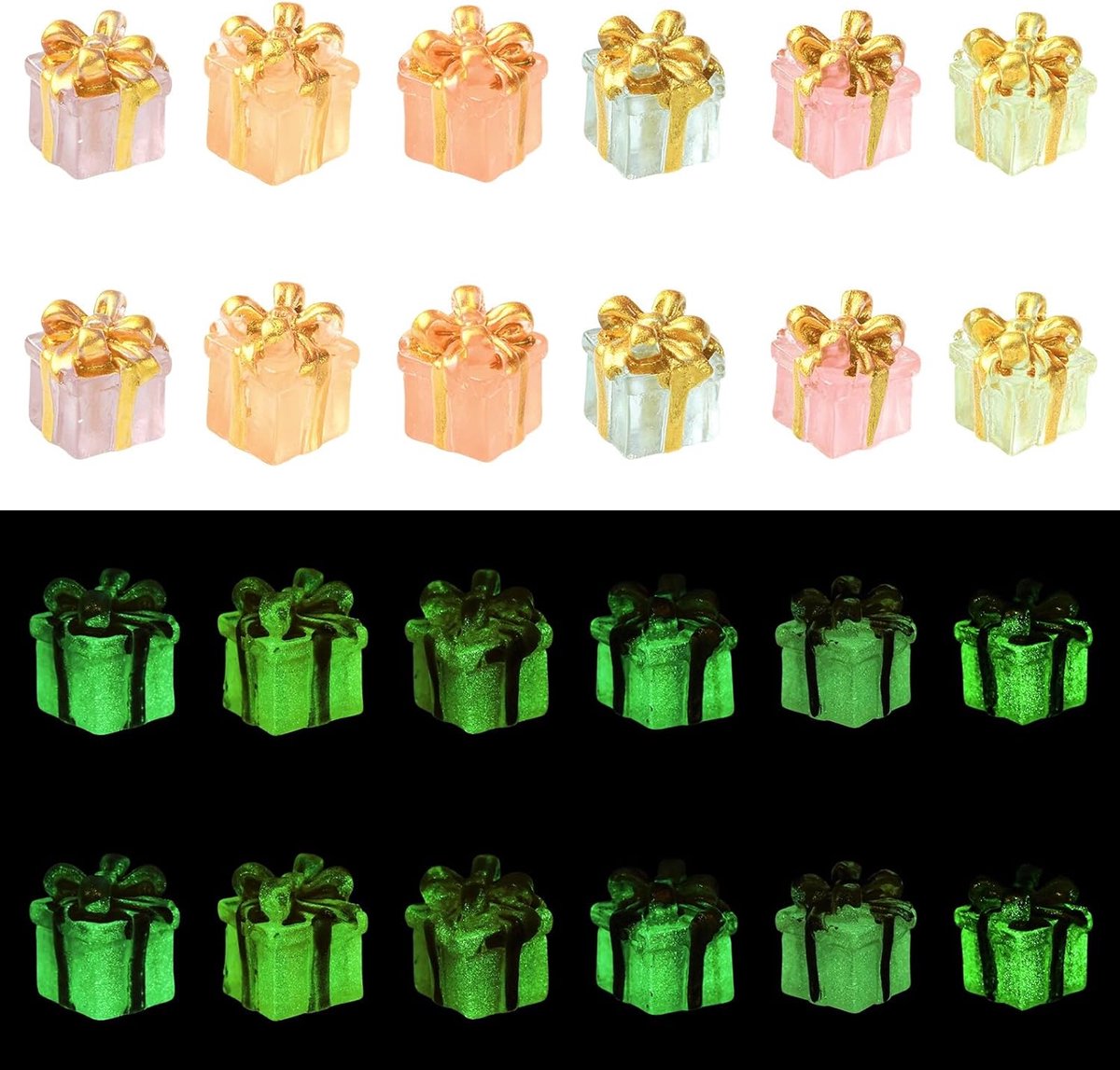 36 Stks 6 Stijlen Miniatuur Hars Geschenkdoos Beeldjes Lichtgevende Present Box Figuren voor DIY Micro Landschap Thuis - ShopVlot
