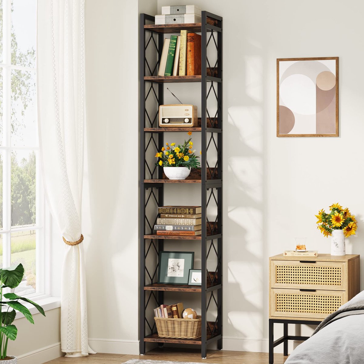 Famanu – Extra hoge smalle boekenplank van 200 cm, 7-laagse boekenkast voor kleine ruimtes, vrijstaande displayplanken, multifunctionele hoekopbergorganizer in rustiek bruin