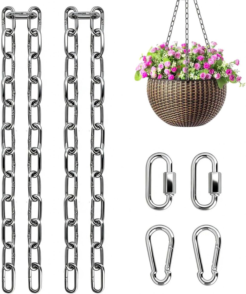 2 stuks roestvrijstalen ketting, 4 mm x 0,6 m, met karabijnhaak, ophangketting, weerbestendig, voor bloempot, plafond - ShopVlot