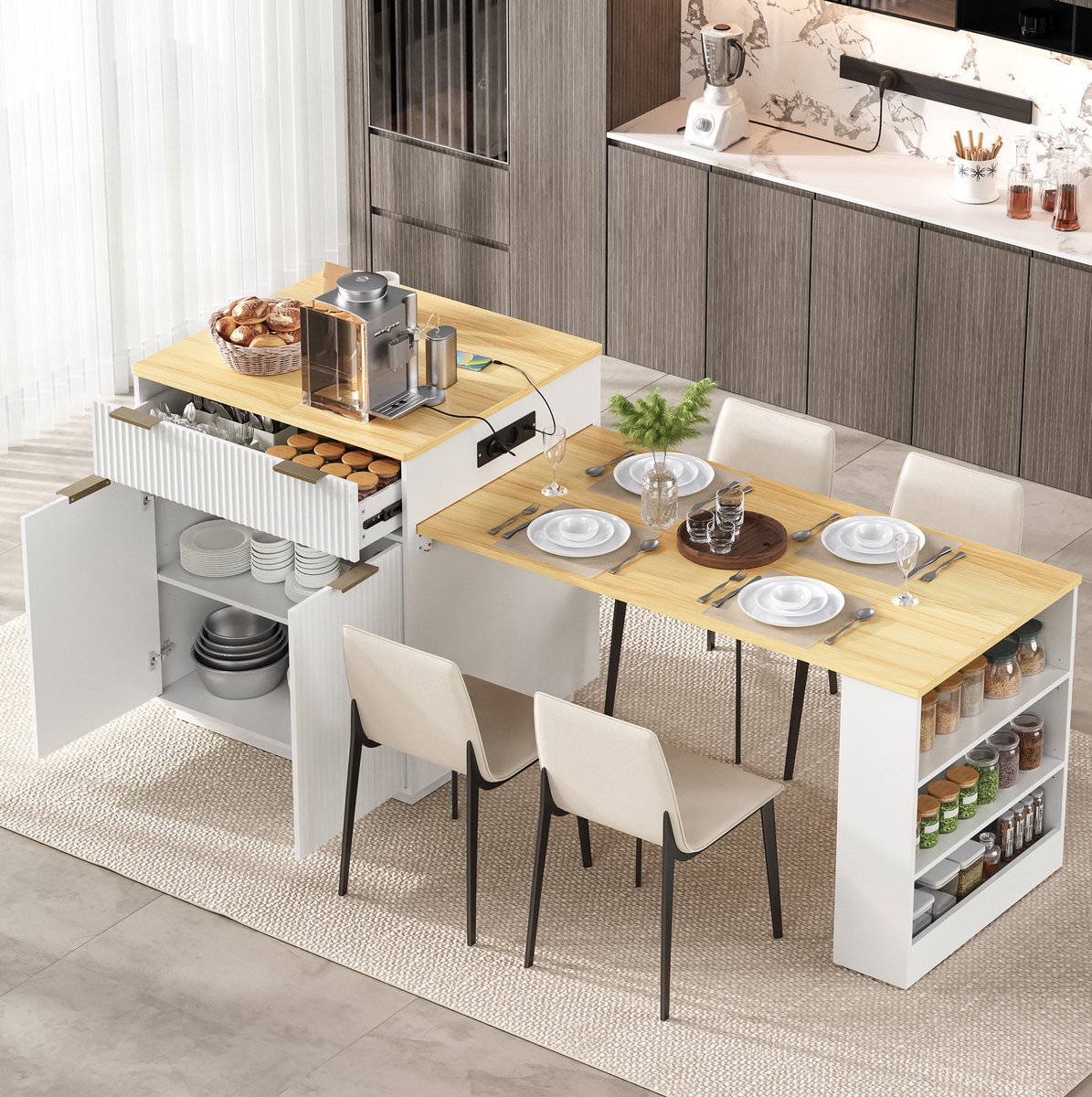 MIVRAY Uitrekbare Eettafel Keukeneiland Met Lades Stopcontact En Verstelbare Legplanken Voor Keuken En Eetkamer Wit MDF 127,5 Cm