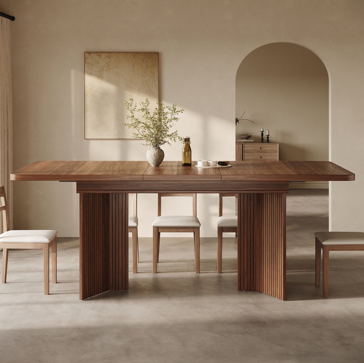MIVRAY Uittrekbare Eettafel - Rechthoekig Ontwerp Met V Poten En Ribbeldetail - Voor Eetkamer En Familiebijeenkomsten - MDF En Metaal - 120 Tot 160 Cm - Bruin