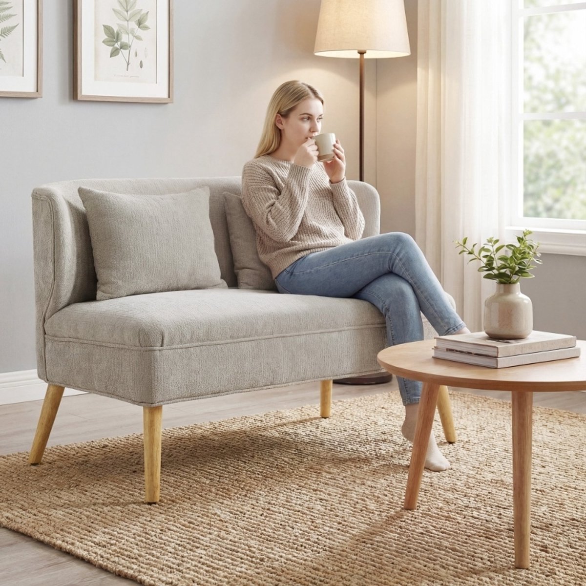 DESMIU Bank - 2-Zits - Compacte Wingback Met 2 Kussens - Voor Woonkamer, Slaapkamer En Studio - Chenille - Beige