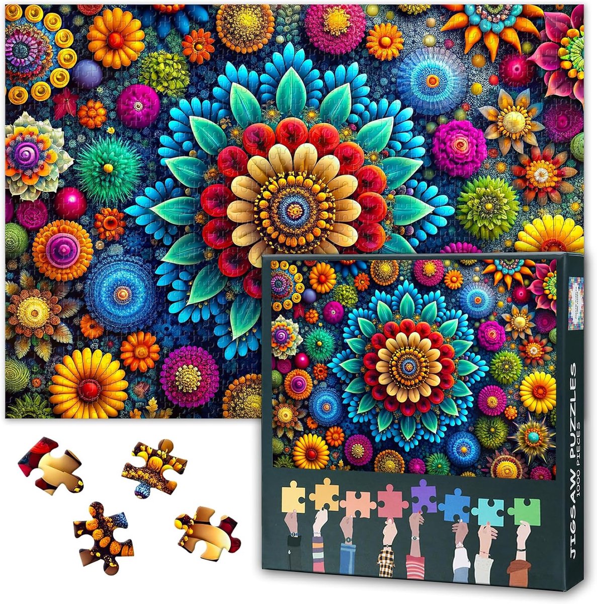 Mandala Flowers Puzzle 1000 Pieces - Abstract Flower Design, 50 x 70 cm Colourful Premium Puzzle for Meditation and - ShopVlot