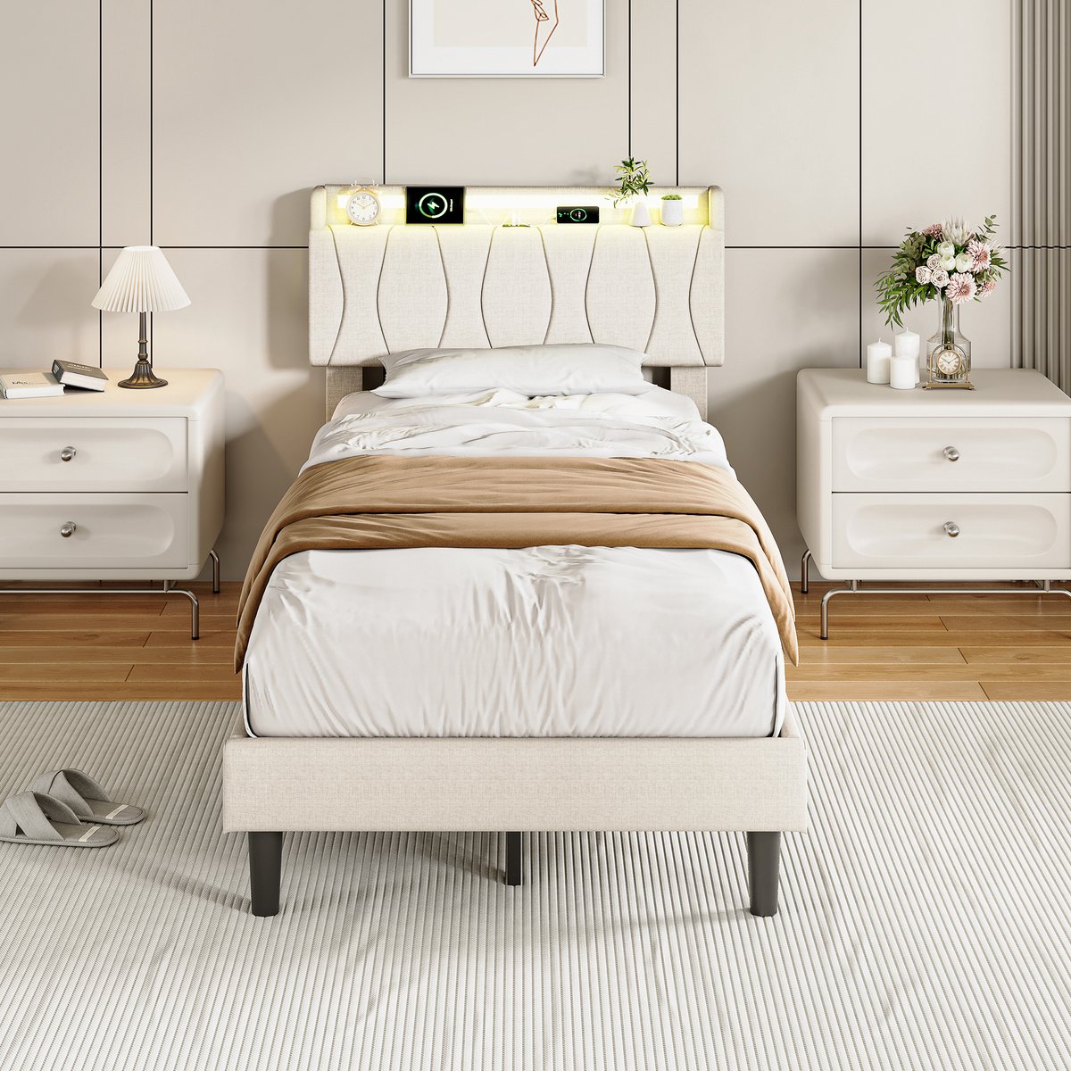 Eenpersoonsbed 90x200 cm-Gestoffeerd Bed met LED-Hoofdbord met Opbergruimte-USB en USB-C-Oplaadstation-Tienerbed - Logeerbed-Linnen-Beige