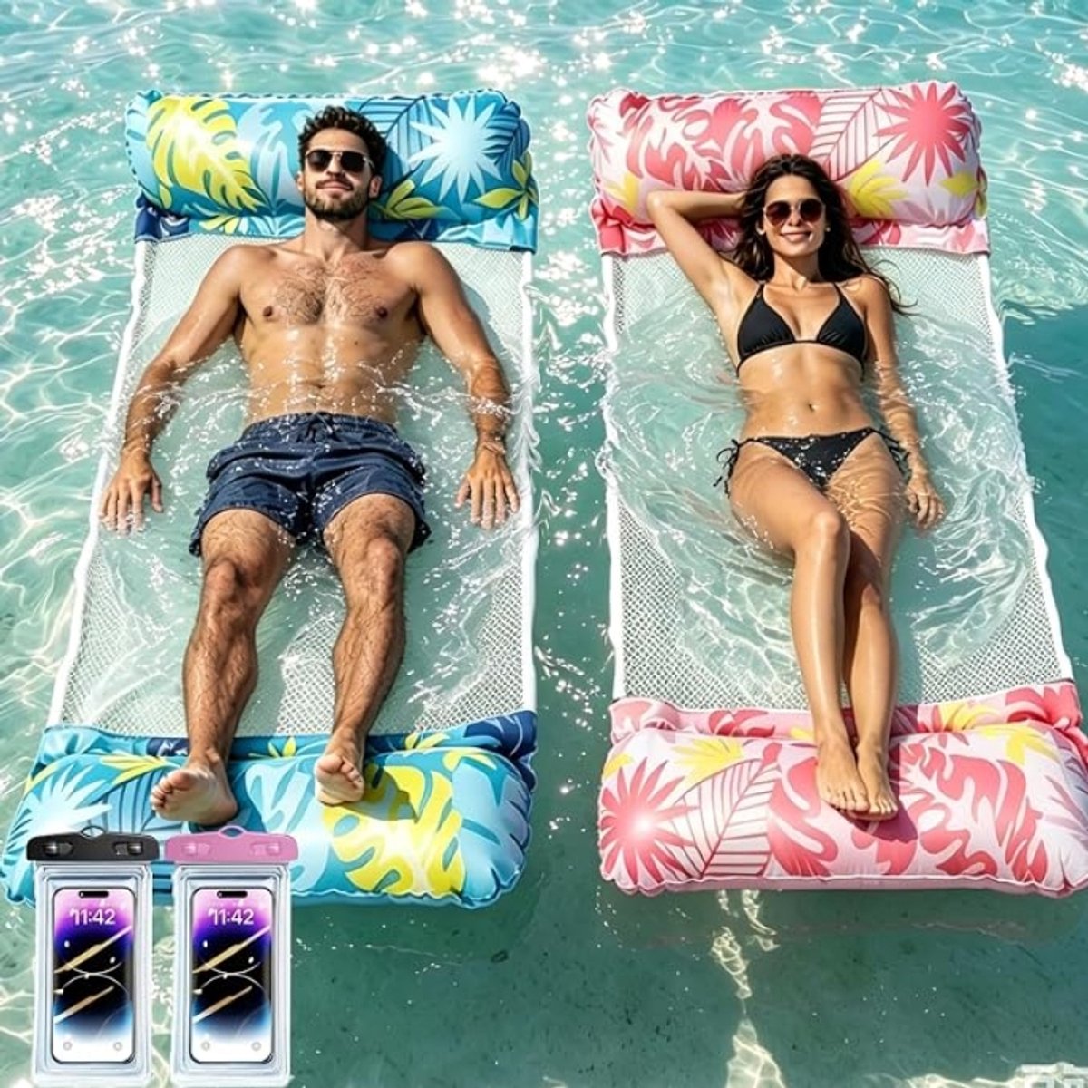 Opblaasbaar zwembad luchtmatras XL 4-in-1 voor volwassenen en kinderen - Waterhangmat met 2 waterdichte telefoonvakken - Luchtbed voor zwembad, strand en meer - Set van 2