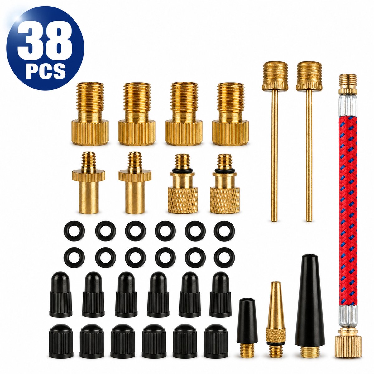Ventiel Adapter Set Fiets - 38 Delige Ventielset - Fiets Ventiel Verloopstukken - Balnaalden & Pomp Adapters - Universele Fietsaccessoires