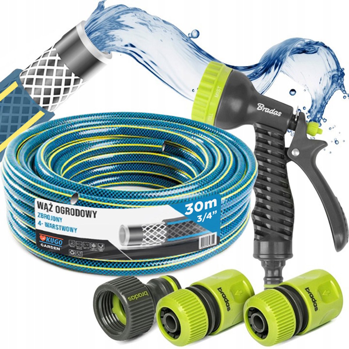 Tuinslang 3/4" 30m 4-laags Rubber met Spuitpistool & Koppelingen