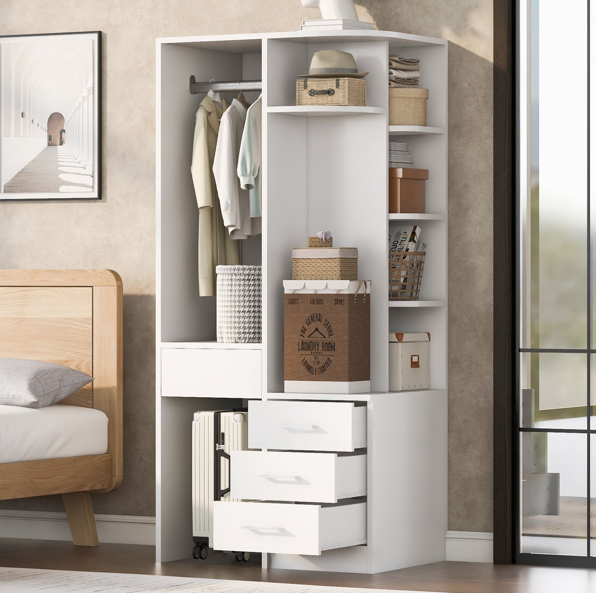 MIVRAY Kledingkast - Open Opbergkast Met Hanggedeelte En Lades - Voor Slaapkamer En Woonkamer - MDF - Wit - 70 X 55 X 175 Cm