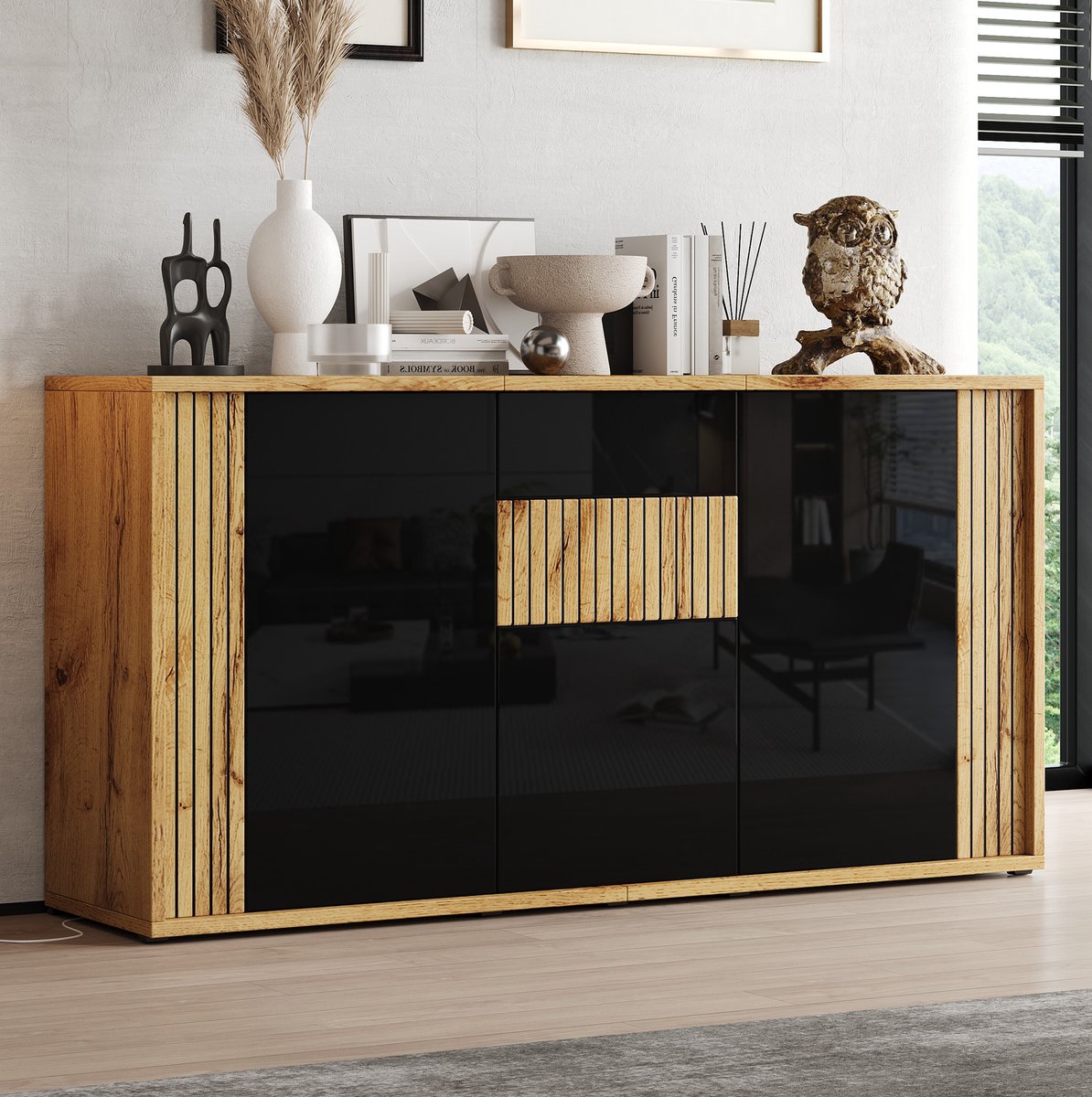 MIVRAY Dressoir Met 3 Deuren En Drukopen Mechanisme Hoogglans Zwart En Natuurhout Voor Woonkamer Eetkamer En Hal 140 X 35 X 71 Cm