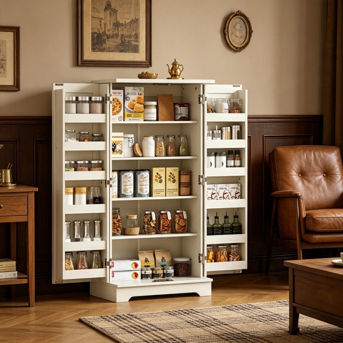 Clruro Keukenkast - 60 x 40 x 120 cm - 5 Niveaus en Deurrekken - MDF en Spaanplaat - Crème