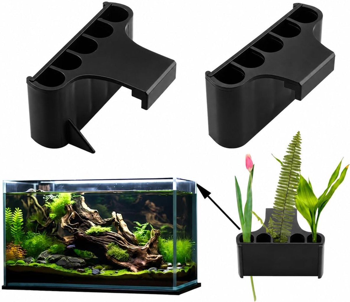 KZQ 2-delige aquarium plantenbak met clips - Geschikt voor randen zonder rand - Hydrocultuur plantenbeker voor aquascape decoratie - Zwart