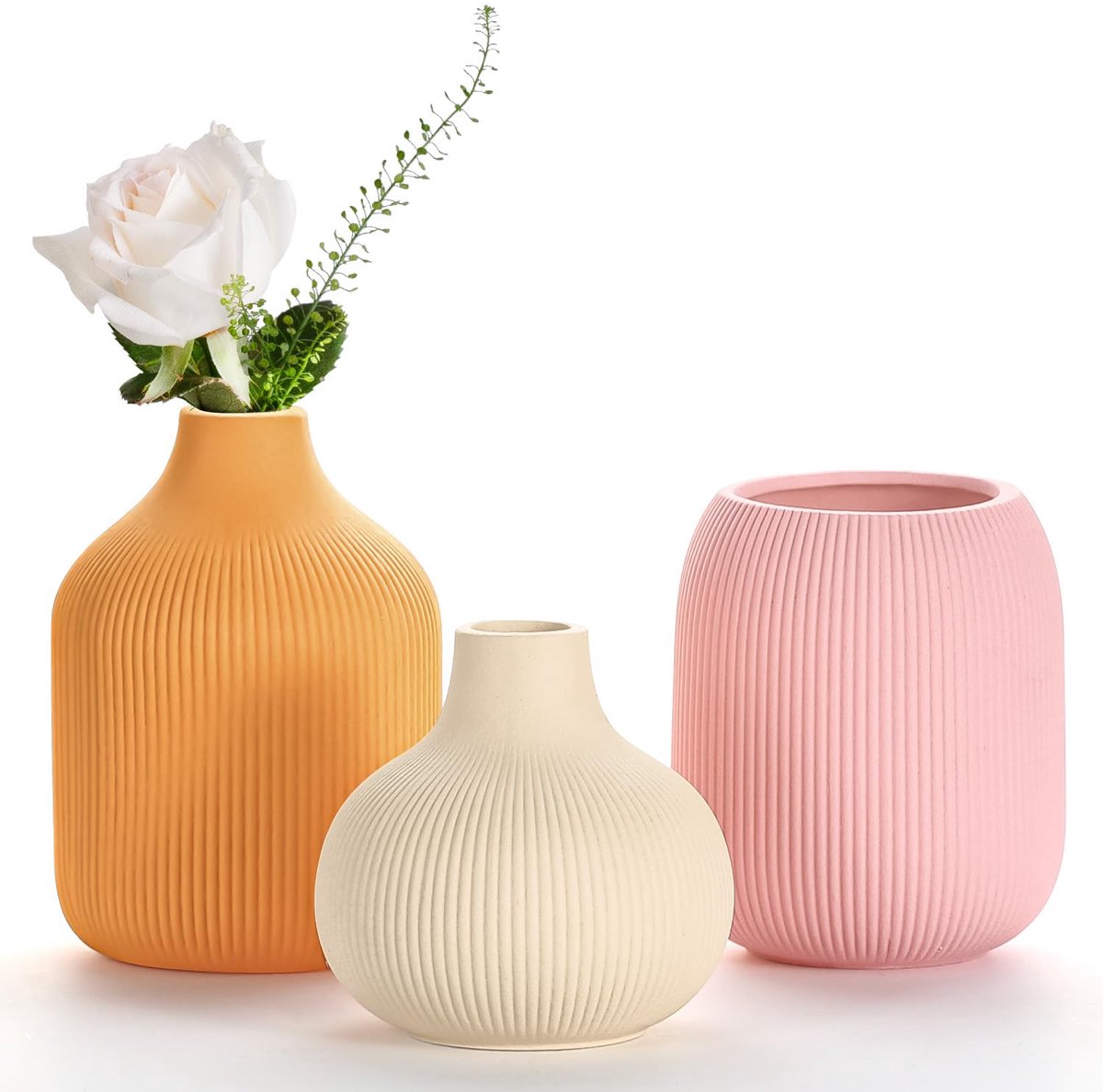Famanu Set van 3 kleurrijke keramische vazen met geribbelde textuur, minimalistische woondecoratie, kleine decoratieve vazen voor middenstuk en tafelblad Zwart