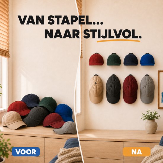 Links een stapel petten op een kast. Rechts acht petten die aan de muur hangen. Tekst: Van stapel naar stijlvol.
