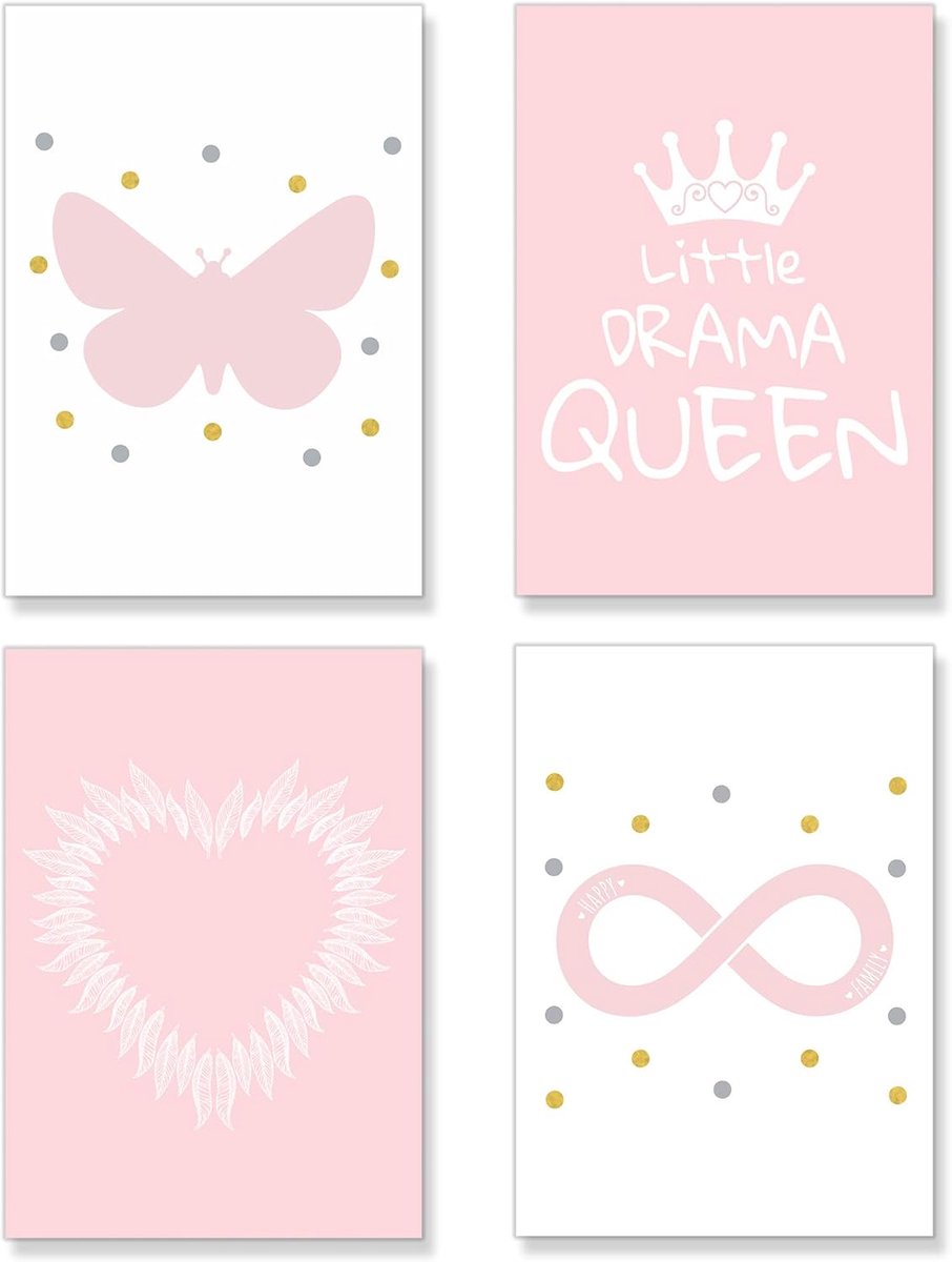 PREMYO Pictures Children's Room Decoration Girls Poster Set Baby Room Wall Pictures Bedroom Butterfly Heart Pink A4 - ShopVlot
