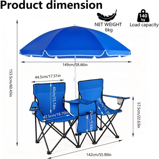 VIEMAE 2-zits Campingstoel met parasol, koeltas, bekerhouder, zijvak - Vouwstoel - Visstoel - Opvouwbaar - Incl draagtas - Rood — afbeelding 5