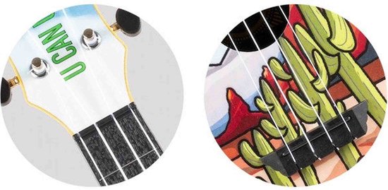 Ukulele kop met de tekst "U CAN UKE" en hals; detail van de ukulele body met cactussen en woestijnlandschap.