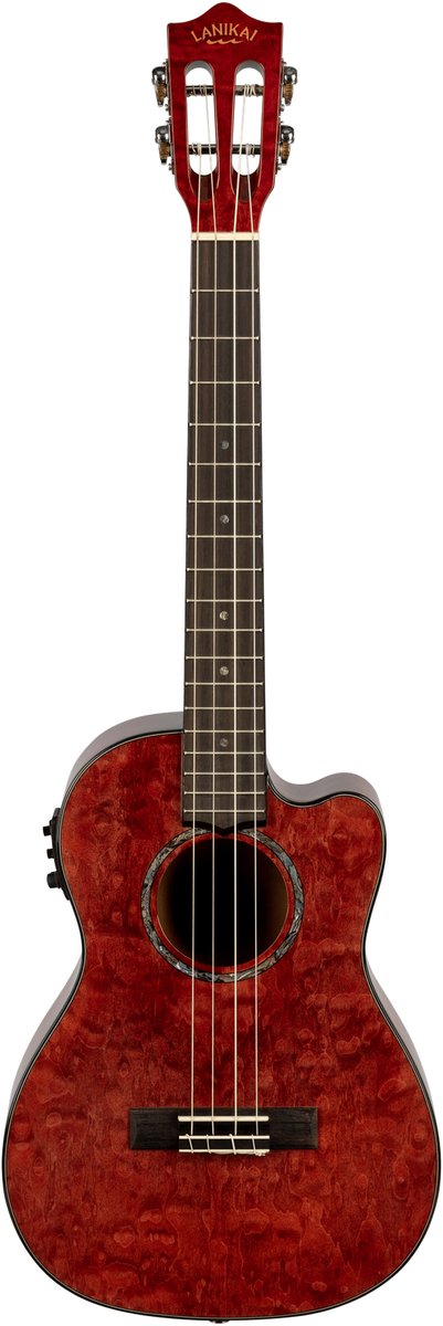 LANIKAI LKUQM-RDCEB Baritonukulele, Quilted Maple Serie, Red, Cutaway, Preamp, Sof