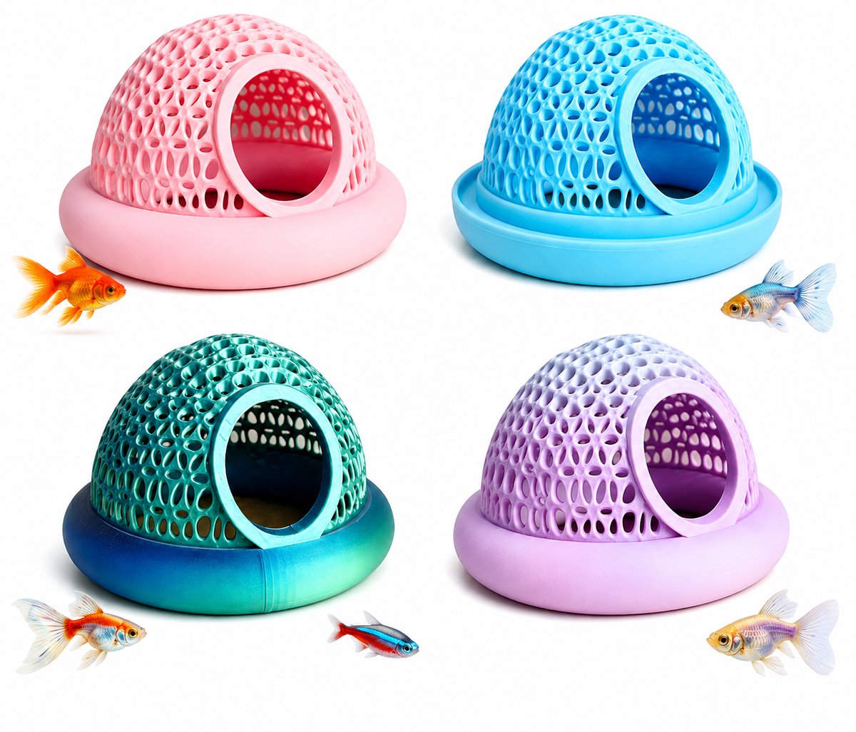 4-delige mini betta hangmatset - PLA-materiaal - 10 × 6,4 cm - Lichtgewicht en draagbaar - Multifunctioneel drijvend bettabed en schuilplaats - Aquariumaccessoire voor betta's, garnalen en kleine vissen - Verkrijgbaar in 4 kleuren