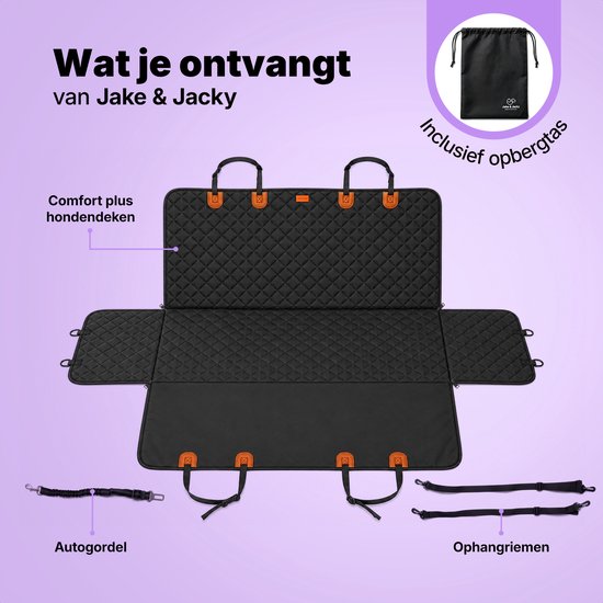 Housse de voiture matelassée noire pour chien, dépliée à plat avec des boucles orange. Incluant un sac de rangement, une ceinture de sécurité pour voiture et des sangles de suspension.
