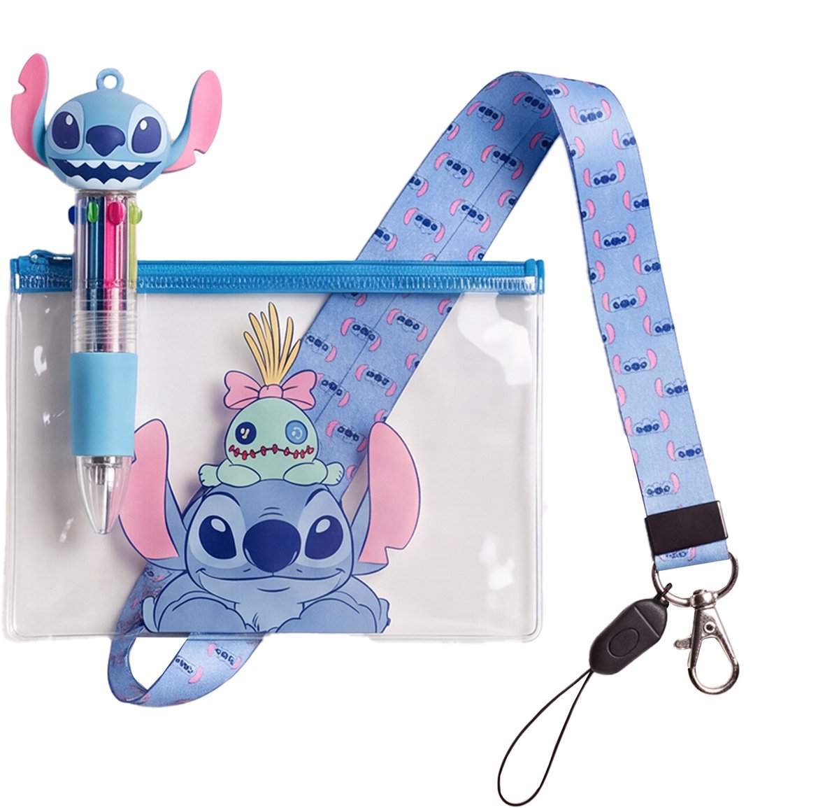 Stitch Schrijfset voor Meisjes – Mini 4-Kleurenpen met Etui en Keycord