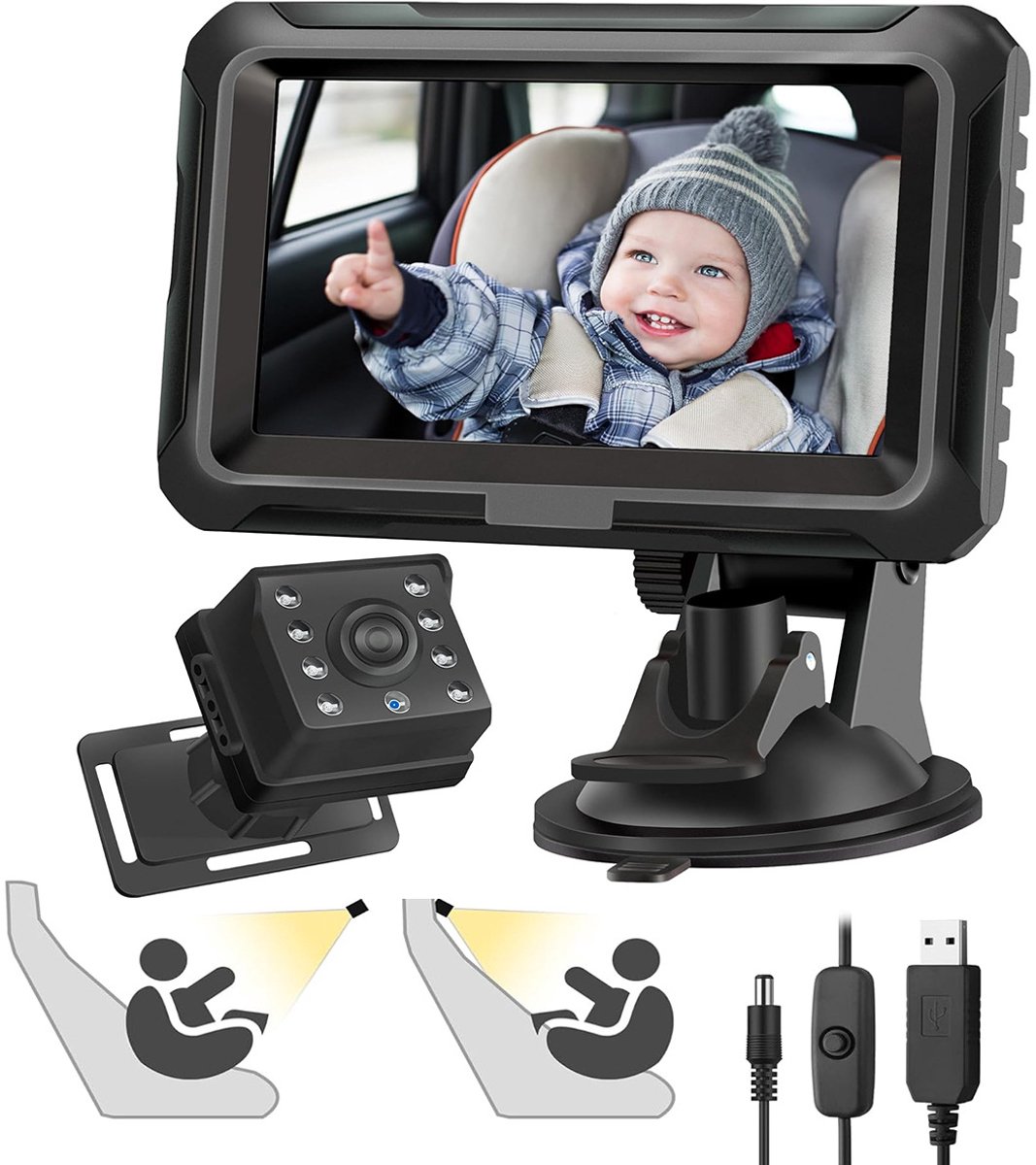 Babycamera auto HD 1080P, spiegel auto baby achterbank camera met 4,3 inch display, nachtzicht en 150° groothoek, draadloze achterbankcamera met monitor, autobabyfoon veiligheidsmonitor plug & play