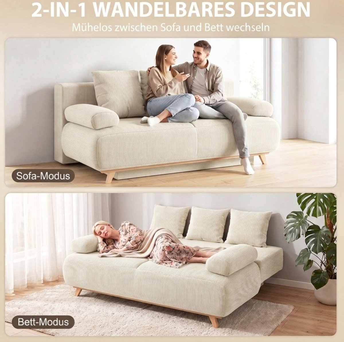 OKWISH Slaapbank 2-zits - Verstelbare Rugleuning Met Bedfunctie En Opbergruimte - Voor Woonkamer Of Logeerkamer - Stof - Beige