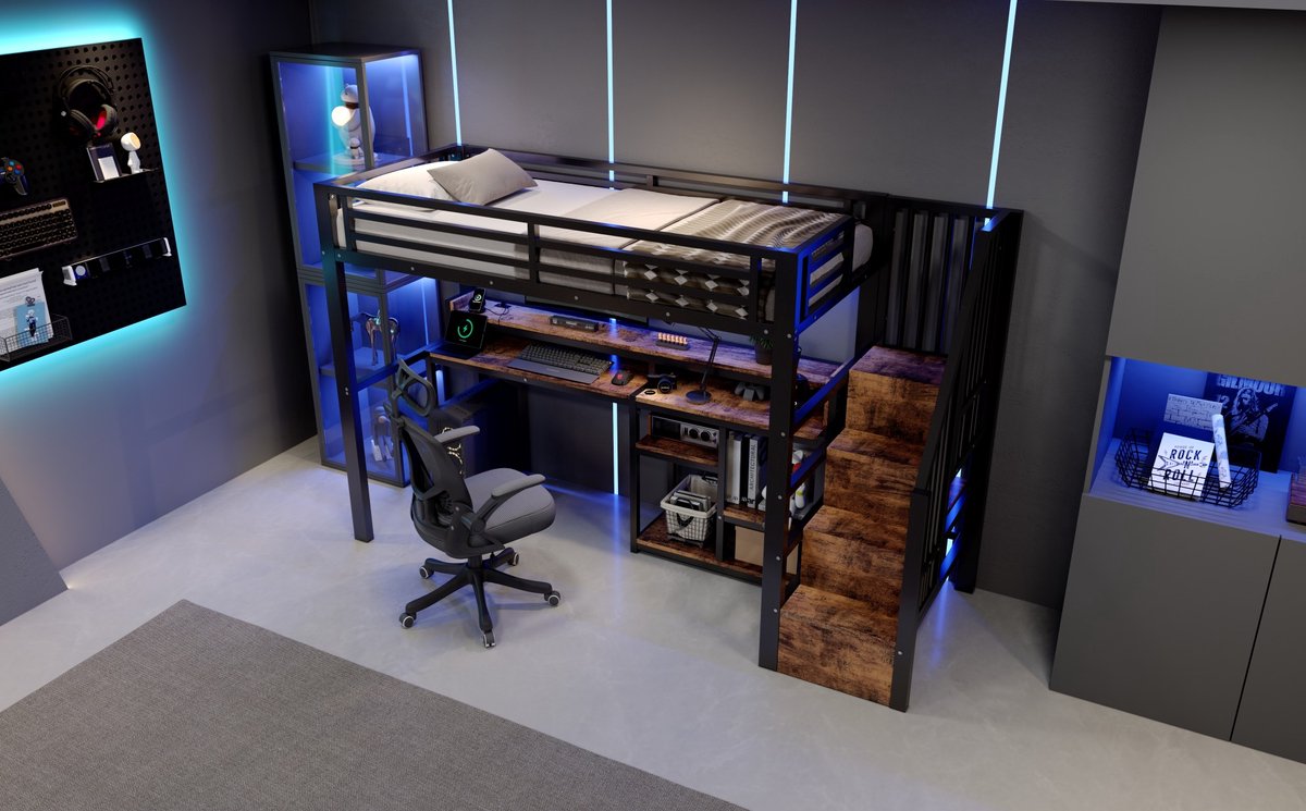 MIVRAY Hoogslaper 90 x 200 cm - Bed Met Bureau En Opbergladder - Met Opbergruimte En LED Verlichting - USB En Type C - Metaal En MDF - Zwart Zonder Matras