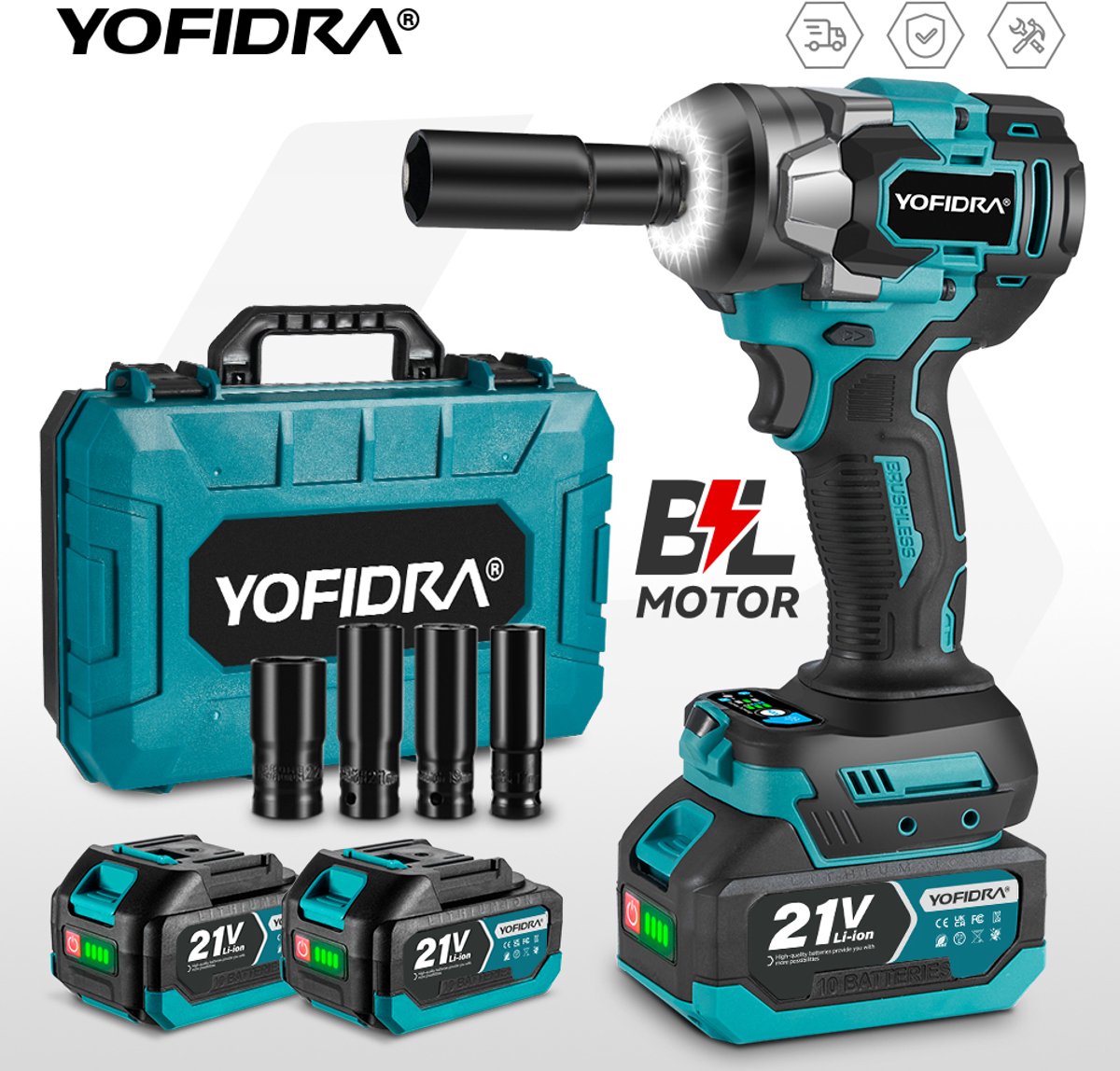 YOFIDRA 21V Accu Slagmoersleutel – 1200 N.m Koppel, 5 Snelheden, 2 Accu's, Complete Set met Koffer & 4 Doppen (17-22mm) – Ideaal voor autobanden, bouwconstructies, machineonderhoud en zware klussen.