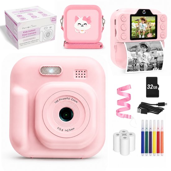 Roze kindercamera met 16x zoom, camera tas met kattenprint, 32GB SD-kaart, papierrollen en kleurpennen.