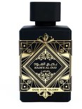 Zwarte Lattafa Bade'e Al Oud Eau de Parfum fles met gouden geometrische patronen en tekst.