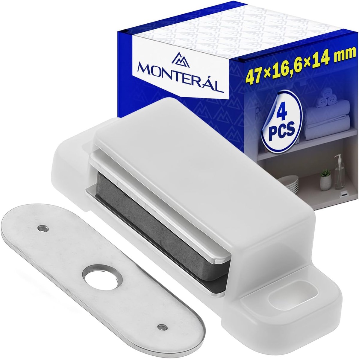 Magneet voor kastdeuren, 47 x 16,6 x 14 mm, magneten voor kastdeuren met contactplaat, wit, 4 stuks MONTERAL - ShopVlot
